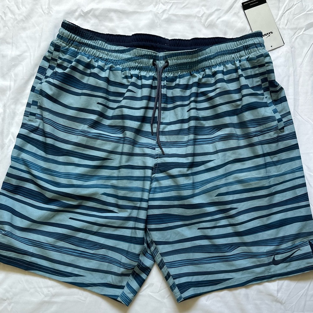 Nike Men's Aqua and Navy Striped Swim Shorts